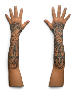 Matching full-arm silicone sleeves with custom cross, bird and cloud tattoo artwork