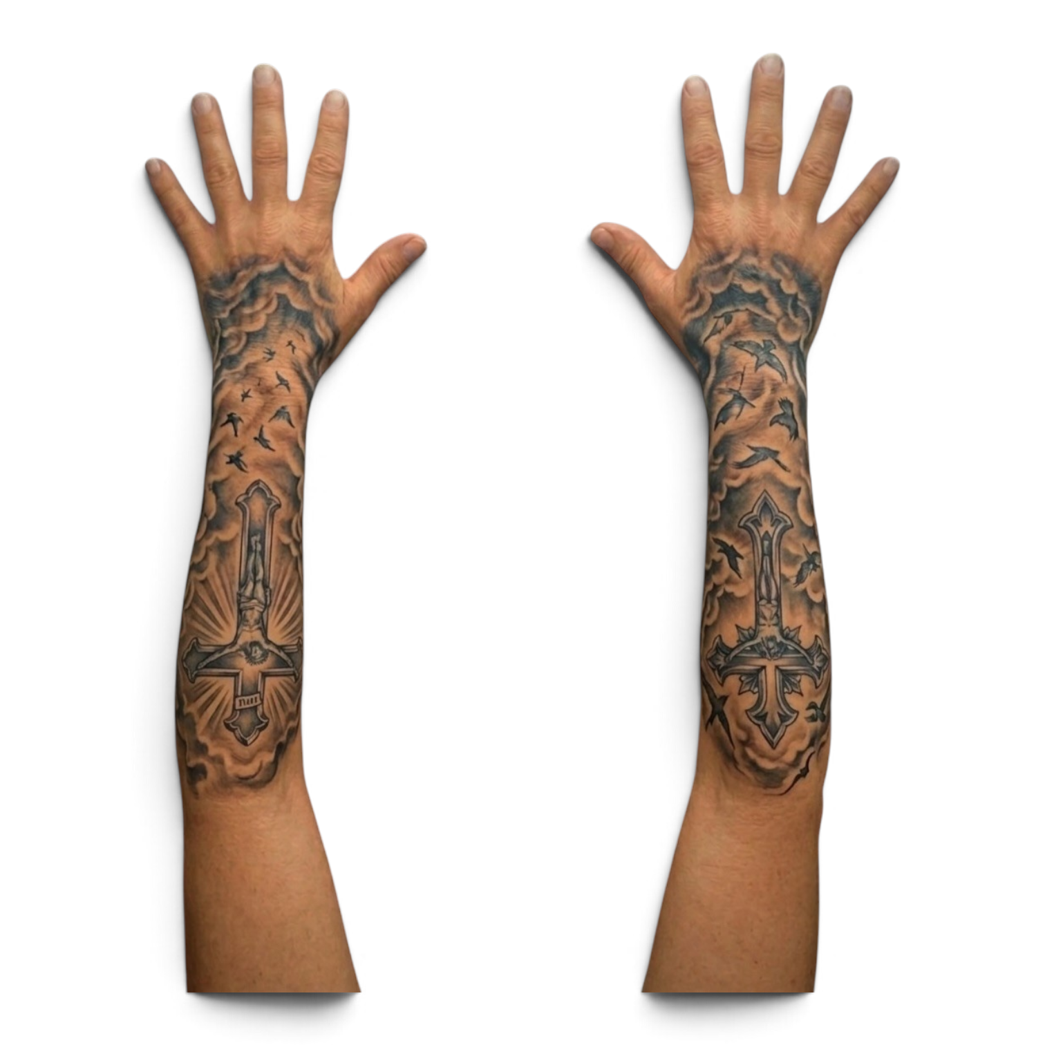 GABRIEL-Custom Full Tattoo Silicone Mask Set2 Matching full-arm silicone sleeves with custom cross, bird and cloud tattoo artwork