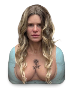ROSE hyper-realistic blonde female silicone mask featuring a custom rose chest tattoo